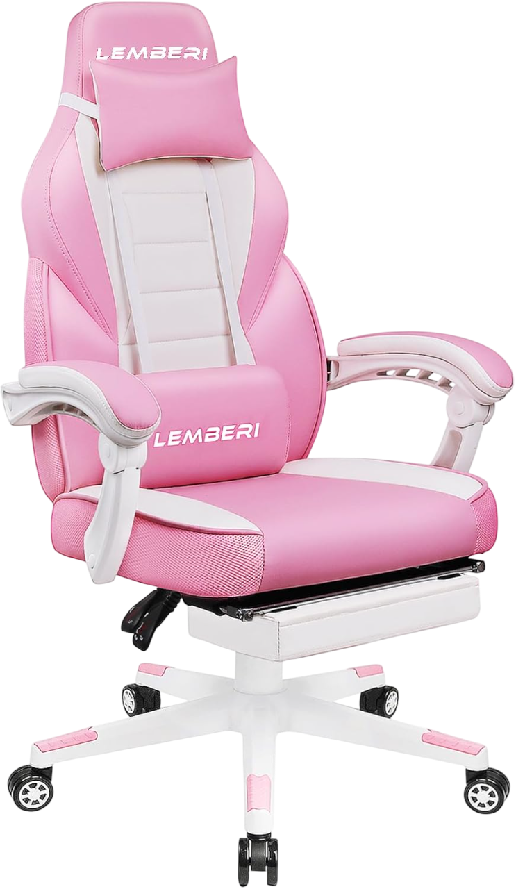 Lemberi Gaming Chair with Footrest, 400lb, Pink