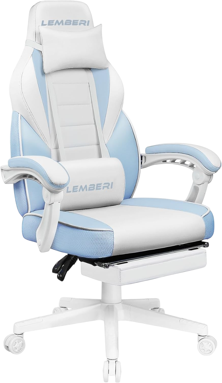 Gaming Chair with Footrest, 400lb, White and Light Blue by Lemberi